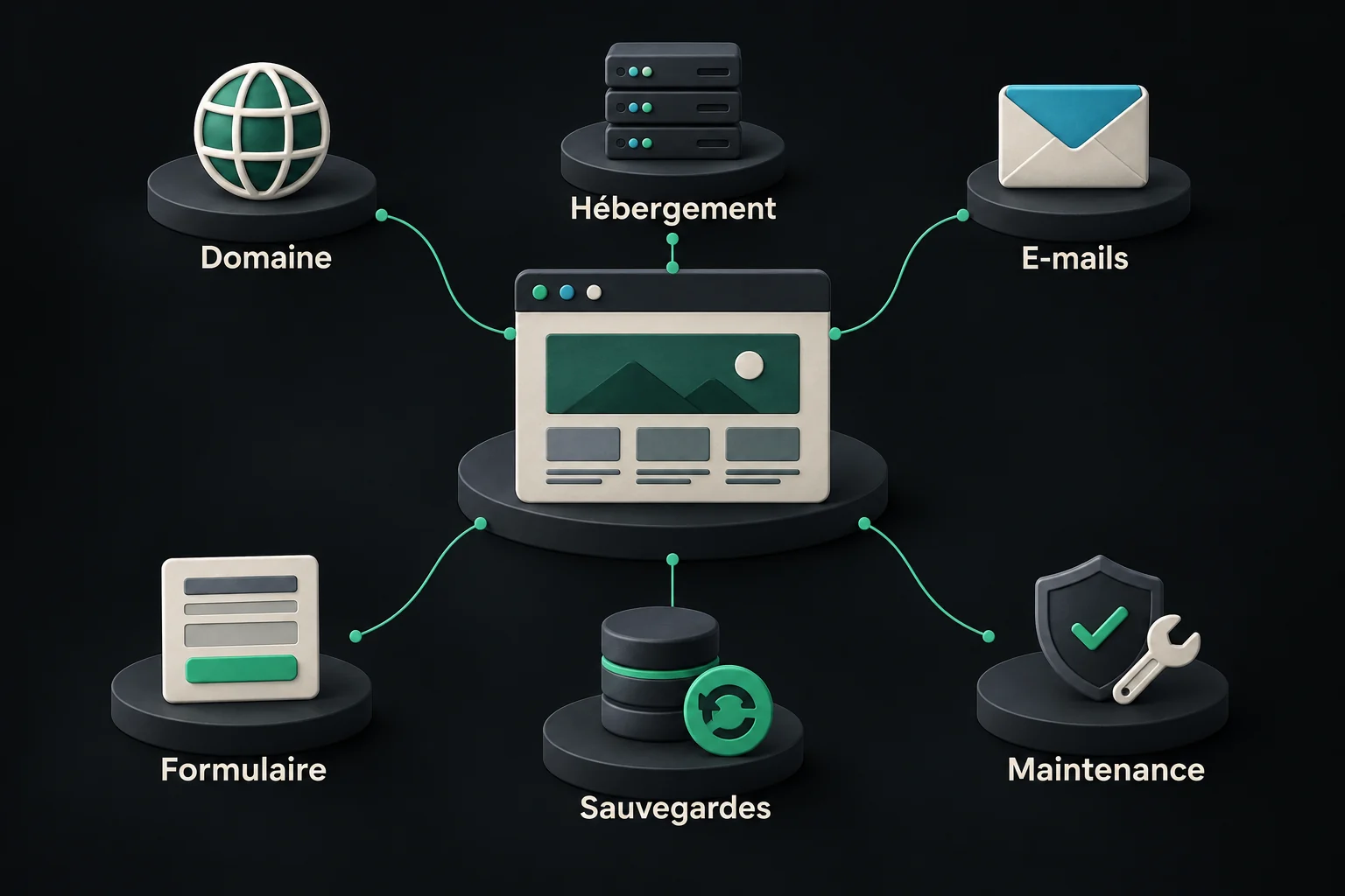 Un site relié à six services : domaine, hébergement, e-mails, formulaire, sauvegardes et maintenance.