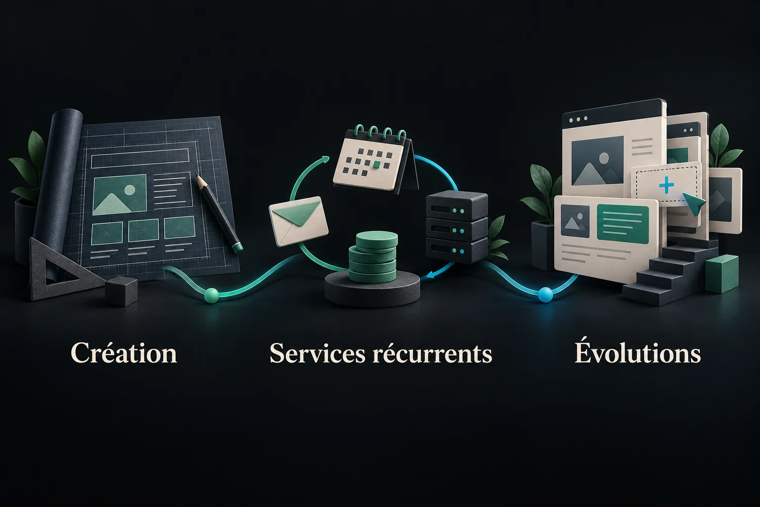 Trois étapes illustrées : la création du site, les services récurrents et les évolutions futures.