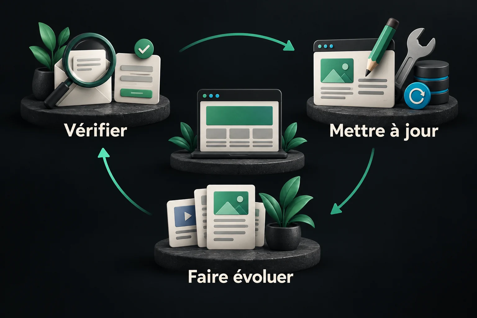 La vie du site organisée autour de trois actions : vérifier, mettre à jour et faire évoluer.