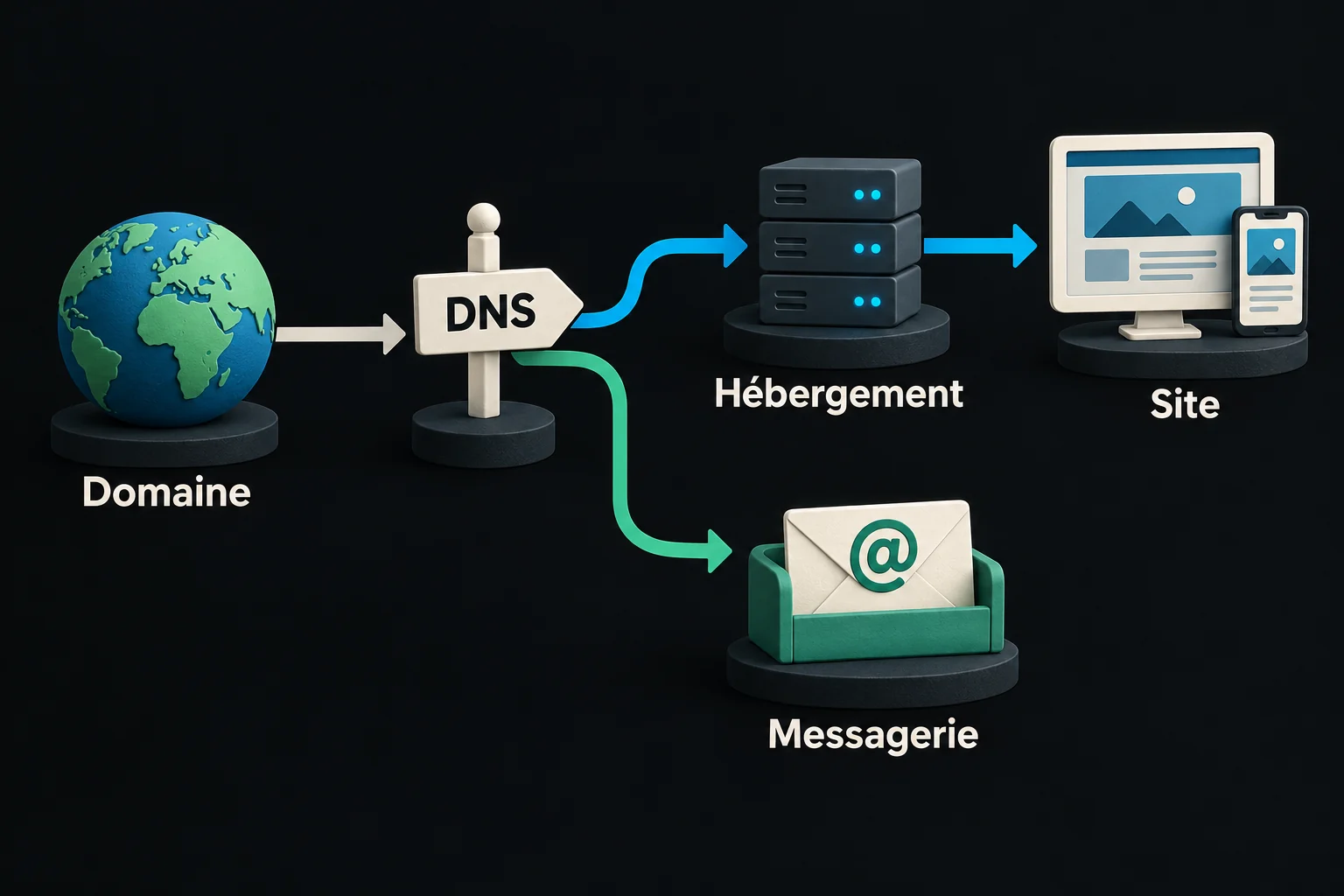 Le domaine passe par les DNS, avec une destination pour l’hébergement du site et une autre pour la messagerie.