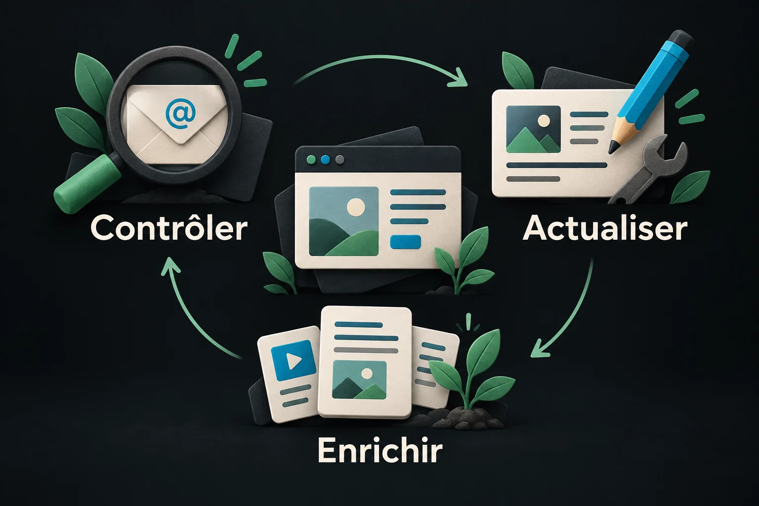Cycle d’entretien du site : contrôler le fonctionnement, actualiser les informations et enrichir les contenus.