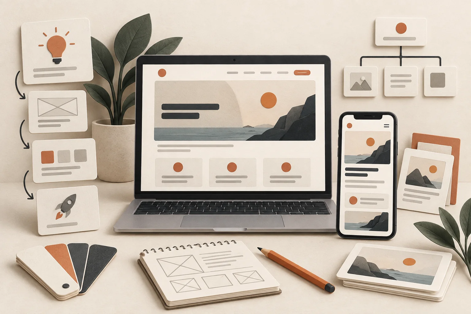 Illustration d’un projet de site internet, de sa structure à son affichage sur ordinateur et téléphone.