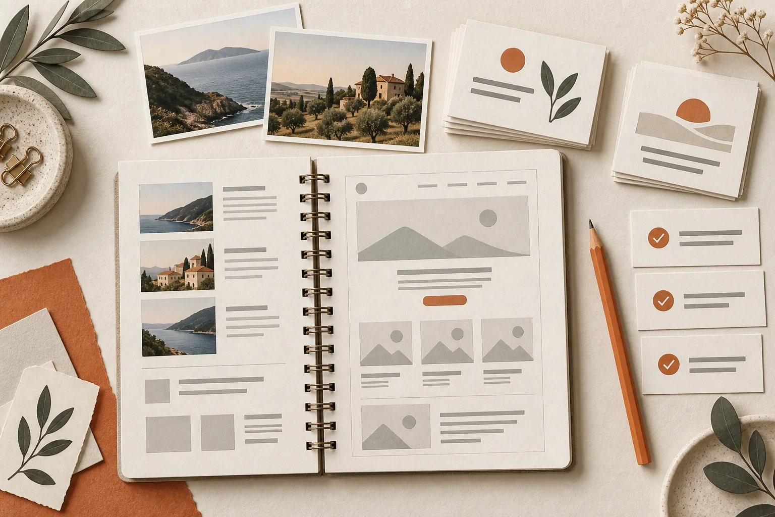 Illustration d’un carnet de maquettes, de cartes de contenu et d’une liste de préparation d’un site internet.