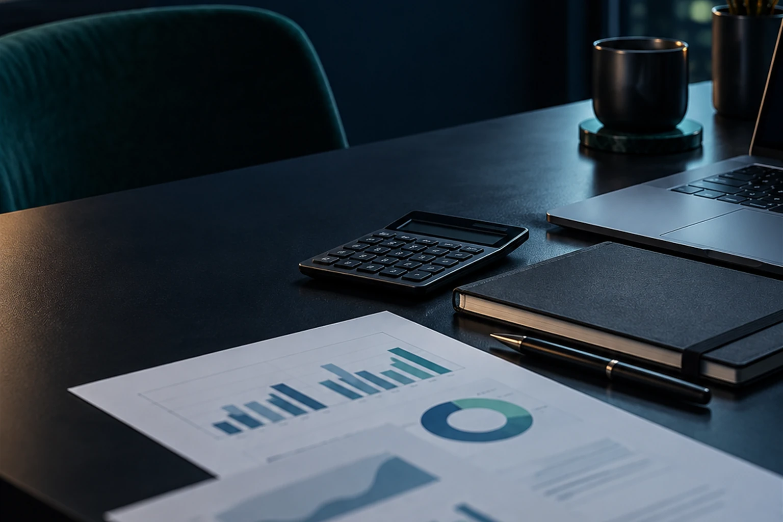 Bureau sombre avec une calculatrice, un ordinateur et des documents illustrant la préparation d’un budget marketing.