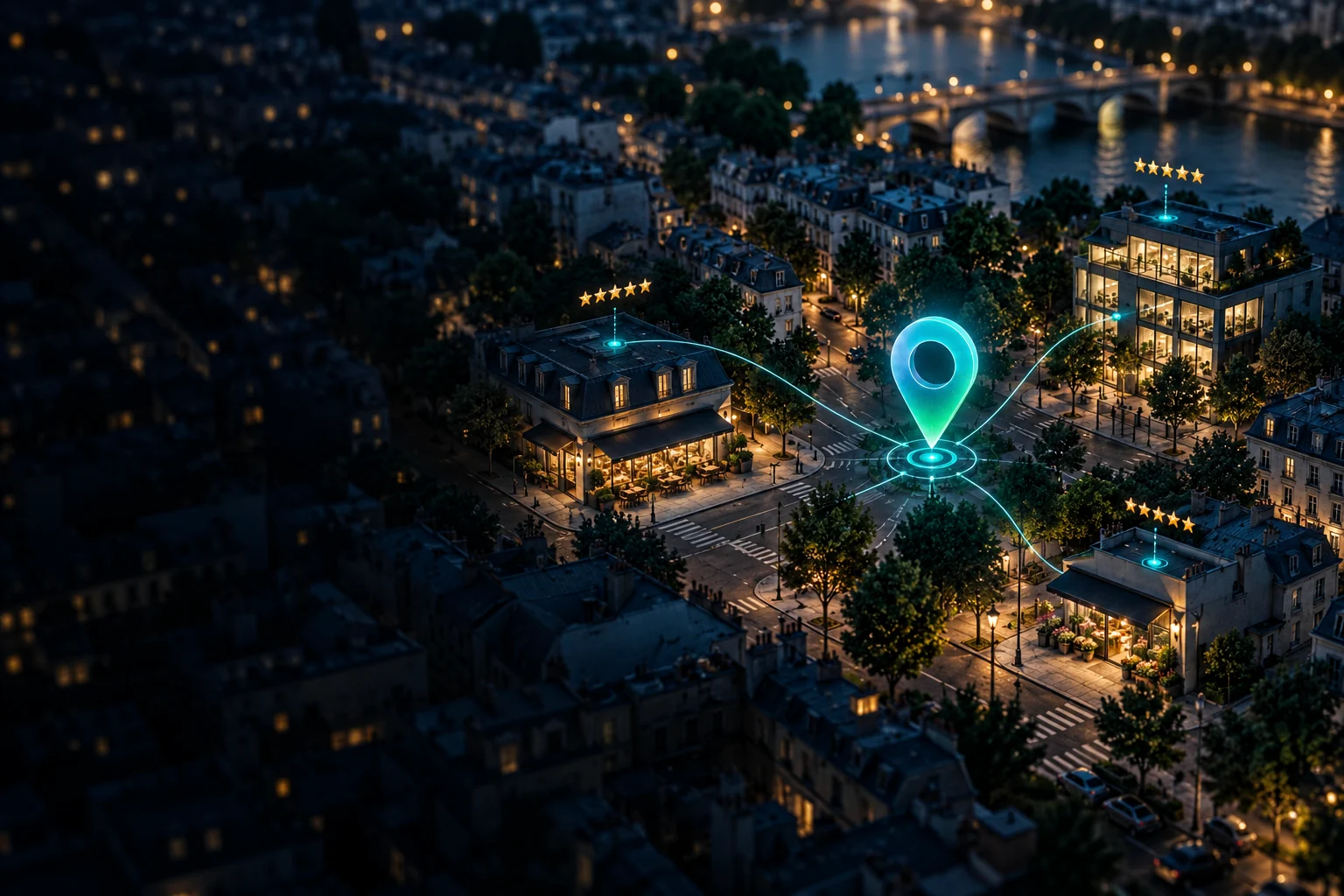 Vue nocturne d'un quartier avec plusieurs entreprises reliées à un repère de localisation.